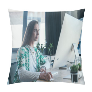 Personality  Nonbinary Designer Using Computer In Creative Agency  Pillow Covers