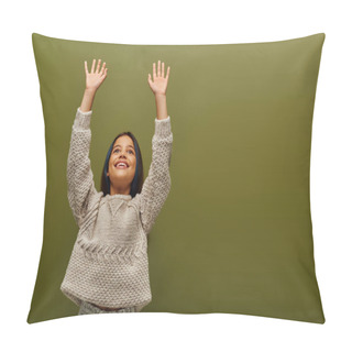 Personality  Positive Brunette Preteen Child With Dyed Hair In Modern Knitted Sweater Raising Hands And Looking Away While Standing Isolated On Green, Contemporary Fashion For Preteen Concept Pillow Covers