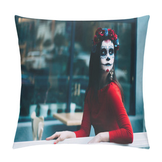 Personality  A Girl With A Painted Face Of A Skeleton, A Dead Zombie, In The City During The Day. Day Of All Souls, Day Of The Dead, Halloween, Ghost Walk. Santa Muerte  Pillow Covers