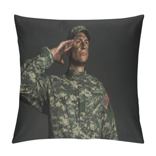 Personality  Patriotic Serviceman In Military Uniform Saluting While Standing Isolated On Grey  Pillow Covers