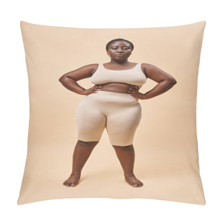 Personality  Plus Size Woman In Beige Underwear Posing With Hands On Hips, Body Positive And Female Empowerment Pillow Covers