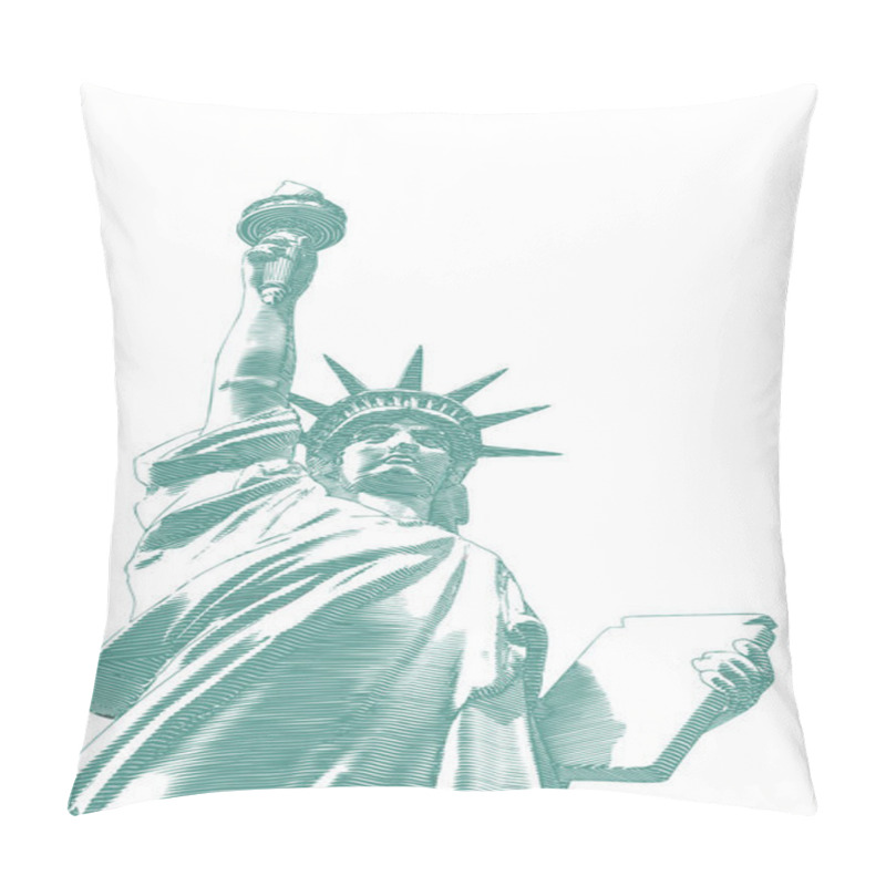 Personality  Monochrome green engraved vintage drawing liberty lady statue from low angle worm eye view camera illustration isolated on white background pillow covers