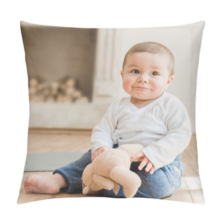 Personality  Smiling Baby Boy Sitting With Teddy Bear  Pillow Covers