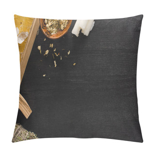 Personality  Top View Of Book, Candles With Smudge Stick And Crystals On Dark Wooden Background Pillow Covers