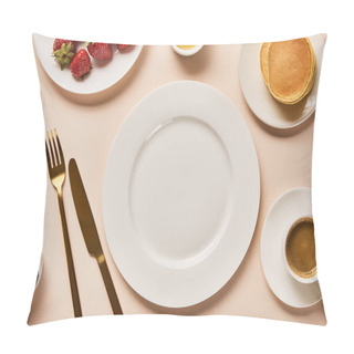 Personality  Top View Of Served Breakfast With Berries, Coffee, Pancakes And Empty Plate In Middle On Pink Background Pillow Covers
