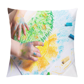 Personality  View Of Boy Hands Drawing With Chalk Pillow Covers