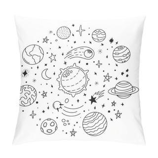 Personality  Doodle Solar System. Hand Drawn Sketch Planets, Cosmic Comet And Stars, Astronomy Space Doodles. Celestial Solar System Vector Icons Illustration Pillow Covers