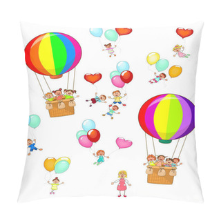 Personality  Group Of Kids With Balloons And Teacher On White Background, Isolated. Pillow Covers