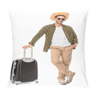 Personality  Happy Young Male Traveler In Sunglasses And Straw Hat Standing With Wheeled Bag Isolated On White Pillow Covers