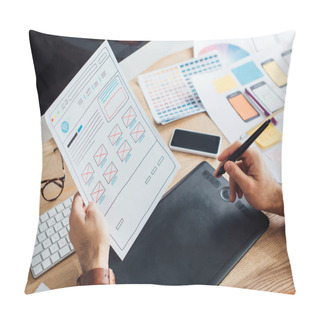 Personality  Cropped View Of Designer Using Graphics Tablet While Planning User Experience Design Of Website At Table Pillow Covers