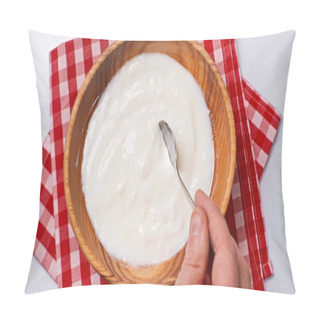 Personality  Top View Of Man Holding Spoon With Yogurt Near Bowl Isolated On White Pillow Covers