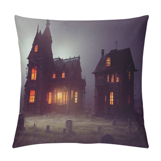 Personality  Halloween Scene. A Dark Cemetery With An Old House Pillow Covers