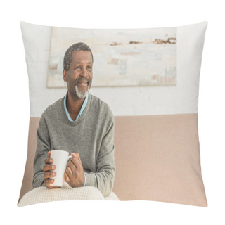 Personality  Senior, Positive African American Man Sitting With Blanket On Knees And Holding Cup Of Warming Drink Pillow Covers