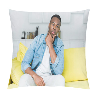 Personality  African American Man Looking At Camera, Sitting On Sofa Pillow Covers