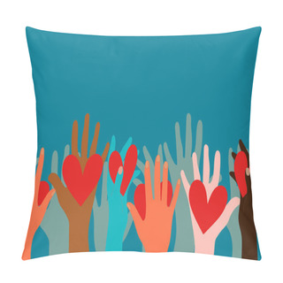 Personality  Volunteers, Social Workers, Ordinary People Hold Hearts In Their Palms. Unity, Cohesion Of A Multinational Society. Charity, Voting, Donations, Social Assistance. Blue Deep Background.  Pillow Covers