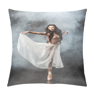 Personality  Beautiful Young Ballerina In White Skirt Dancing On Dark Background With Smoke Around Pillow Covers