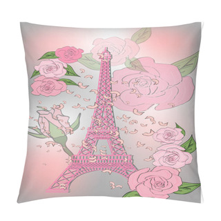 Personality  Vintage France Poster Design. Vector Romantic Background With Eiffel Tower And Roses Pillow Covers