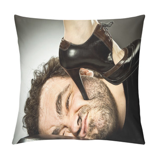 Personality  Man Submission With Woman High Heel Shoe On Grey Background Pillow Covers