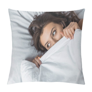 Personality  Beautiful Girl Hiding Under White Blanket On Bed Pillow Covers