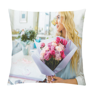 Personality  Beautiful Female Florist Holding Bouquet With Roses And Carnations In Flower Shop And Looking Away Pillow Covers