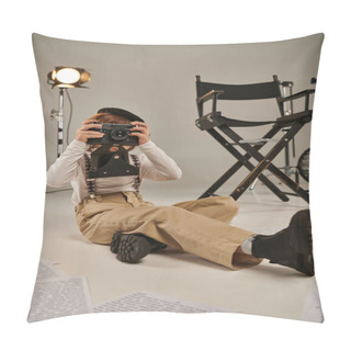 Personality  Boy Captures The Moment On Camera While Sitting Surrounded By Screenplay And Director Chair Pillow Covers
