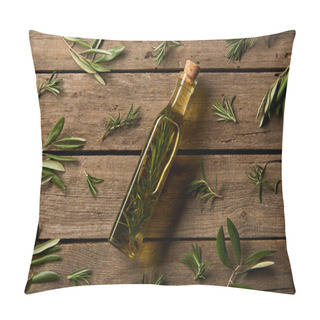 Personality  Top View Of Bottle With Flavored Oil And Rosemary Branches On Wooden Background Pillow Covers