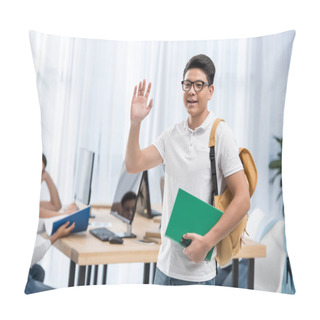 Personality  Young Asian Student Boy Waving Hand In Classroom With Friends Pillow Covers