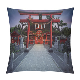 Personality  CGI Render Of Japanese Shrine Or Temple Building Exterior With Torii Gate Pillow Covers