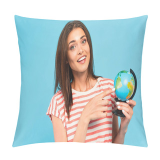 Personality  Happy Girl Pointing With Finger At Globe Isolated On Blue Pillow Covers