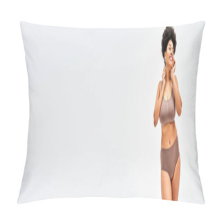 Personality  Joyful African American Woman In Sexy And Modern Brown Lingerie Touching Cheek And Looking Away While Standing Isolated On Grey, Self-acceptance And Body Positive Concept, Banner  Pillow Covers