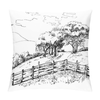 Personality  Green Grass Field On Small Hills. Meadow, Alkali, Lye, Grassland, Pommel, Lea, Pasturage, Farm. Rural Scenery Landscape Panorama Of Countryside Pastures. Vector Sketch Illustration Pillow Covers