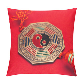 Personality  Close-up Shot Of Traditional Chinese Yin And Yang Talisman On Red Surface Pillow Covers
