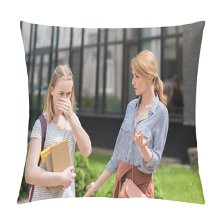 Personality  Teen Daughter Covering Nose While Her Mother Smoking Cigarette Pillow Covers
