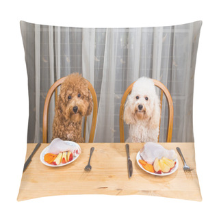 Personality  Concept Of Excited Dogs Having Delicious Raw Meat Meal On Table. Pillow Covers