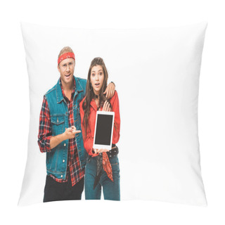 Personality  Hipster Man Pointing By Finger At Digital Tablet With Blank Screen While His Girlfriend Standing Near Isolated On White Pillow Covers