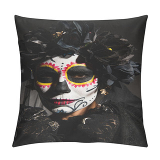 Personality  Portrait Of Woman In Wreath And Catrina Makeup Looking At Camera On Black Background  Pillow Covers