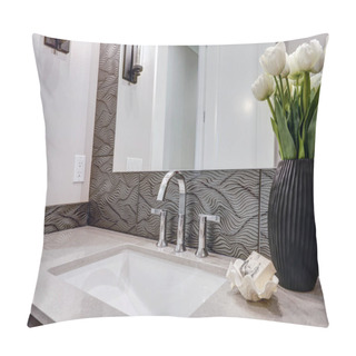 Personality  White And Brown Bathroom Boasts A Nook Filled With Taupe Vanity  Pillow Covers