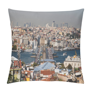 Personality  Panoramic Shot Of The Galata Bridge On The Golden Horn Connecting Karakoy And Eminonu, Istanbul, Turkey, Traffic During Day Time, From Above Pillow Covers
