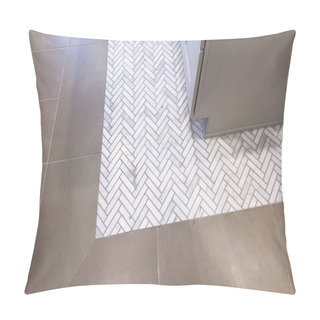 Personality  A Stylish Flooring Transition Where A White Herringbone Tile Pattern Seamlessly Meets Smooth Tan Tiles, Creating A Striking Visual Contrast In This Modern Home Space. Pillow Covers