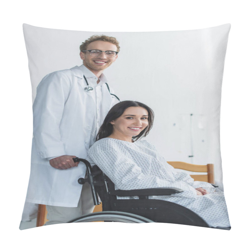 Personality  Cheerful Doctor In White Coat Standing Behind Joyful Disabled Woman In Wheelchair  Pillow Covers