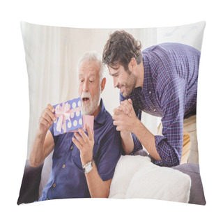 Personality  Elder Exciting And Wow When Opening Gift Box Present From His Son In Living Room. Pillow Covers