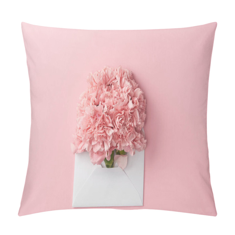 Personality  beautiful pink carnation flowers and white envelope isolated on pink pillow covers