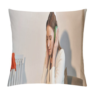 Personality  Grieving Woman Trying To Relax By Listening Music In Headphones In Dark Nursery Room, Banner Pillow Covers