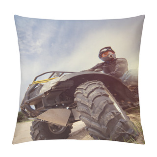 Personality  A Man Riding ATV In Sand In Protective Clothing And A Helmet. Pillow Covers