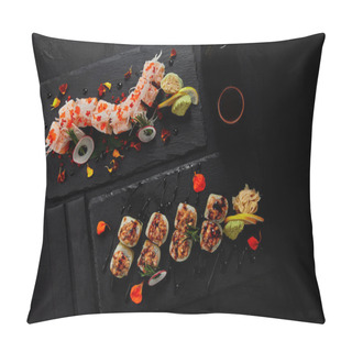 Personality  Top View Of Delicious Fresh Sushi Rolls On Slate Boards And Chopsticks Pillow Covers