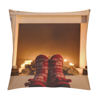 Personality  Cropped View Of Woman In Woolen Winter Socks With Fireplace On Background Pillow Covers