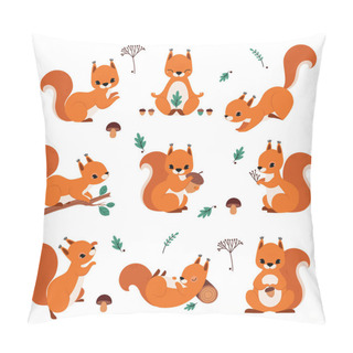 Personality  Cute Red Squirrel Holding Acorn And Sitting On Tree Branch Vector Set Pillow Covers