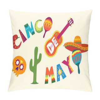 Personality  Mexican Holiday 5 May Cinco De Mayo. Beautiful Vector Illustration With Cartoon Design Template. Traditional Latin America Funny Symbols Skull, Guitar, Flowers, Red Pepper, Cactus Pillow Covers
