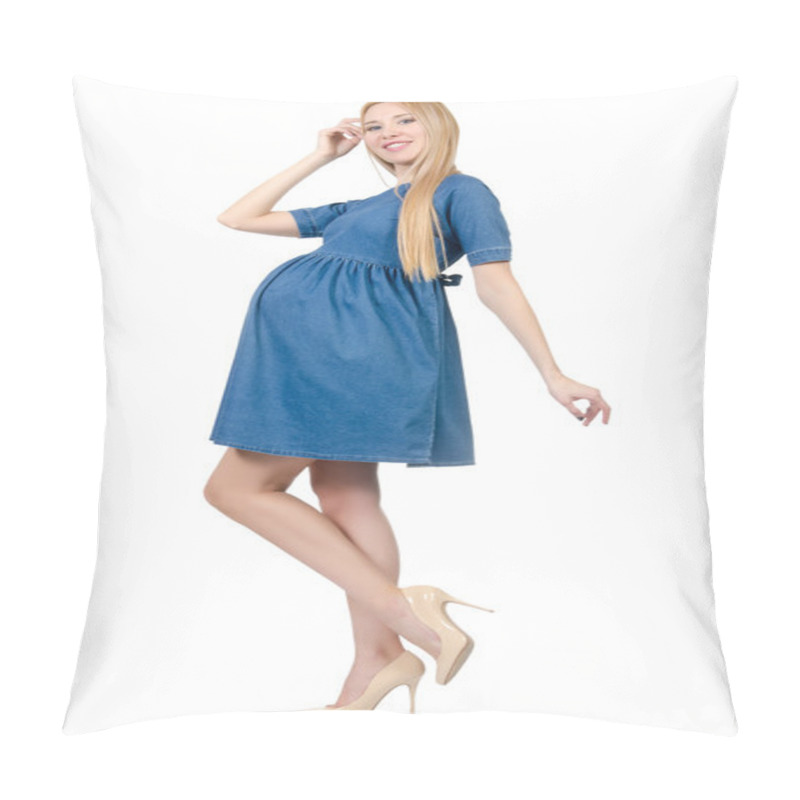 Personality  Beautiful pregnant woman in blue dress isolated on white pillow covers