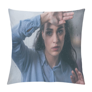 Personality  Beautiful Upset Woman Looking Away And Touching Window With Raindrops Pillow Covers